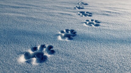 Animal paw prints on a trail in fresh snow. Close-up of wildlife tracks in a cold winter landscape. Following a path and journey concept
