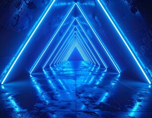 Glowing blue neon triangular tunnel, futuristic aesthetic, receding perspective
