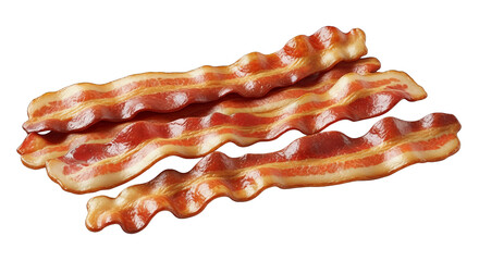 Three slices of crispy bacon with rendered fat gleam on a black backdrop, simple food shot.