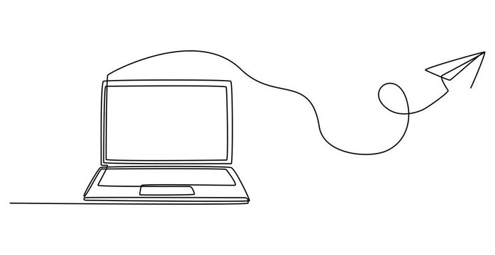 one line drawing of laptop computer with paper plane animation as business concept of startup,  Animation video with one line drawing of Notebook connected with paper plane.