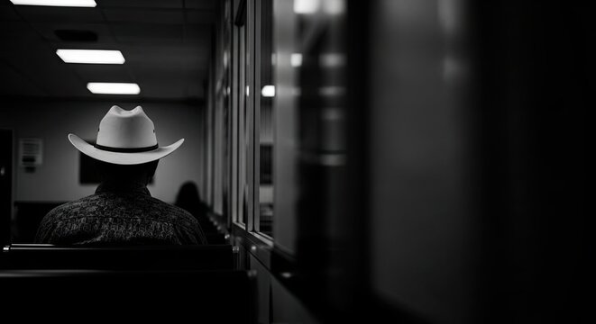 Cinematic black and white rear view of a solitary man in a cowboy hat sitting in a dimly lit waiting area, evoking a moody feeling of loneliness and contemplation