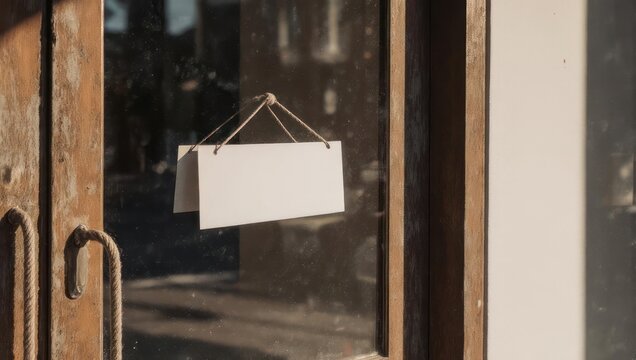 Blank sign hangs on a glass door, weathered wood frame, with sunlight and shadows