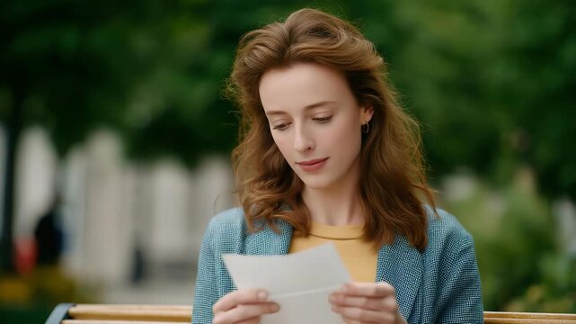 A young woman sits in a park reading a letter, her expression shifting from confusion to realization — the emotional spark of truth dawning. Leaves rustle in the soft wind as her eyes widen and a