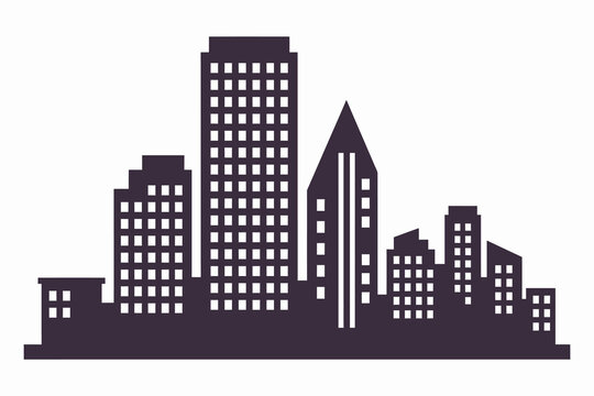 Modern city skyline silhouette vector illustration. Dark purplish-gray urban landscape on a white background with negative space window cutouts in a flat graphic style.