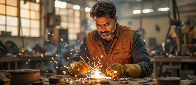 Focused male artisan welding metal at a workbench. Bright sparks fly in an industrial factory setting. Skilled labor and craftsmanship concept - Powered by Adobe