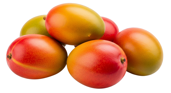 Vibrant pile of fresh mangoes presents a colorful display of ripening hues on a black background.