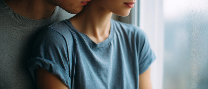 Close-up of a young couple embracing tenderly near a window with soft natural light highlighting their faces and casual clothing