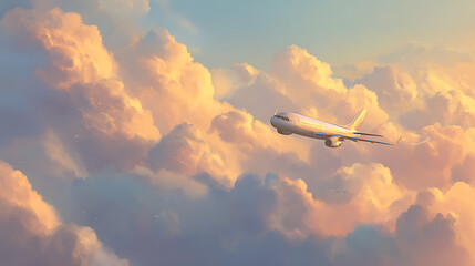 Airplane soaring through golden sunset clouds aircraft flying