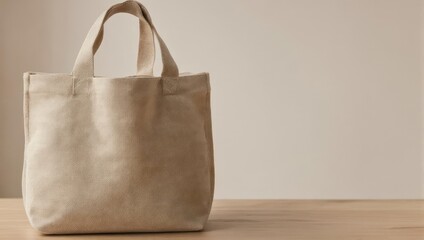 Eco-friendly reusable beige tote bag rests on a light wooden surface, against a cream backdrop