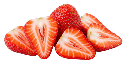 Vibrant studio shot presents a whole and halved strawberries against a stark black backdrop.