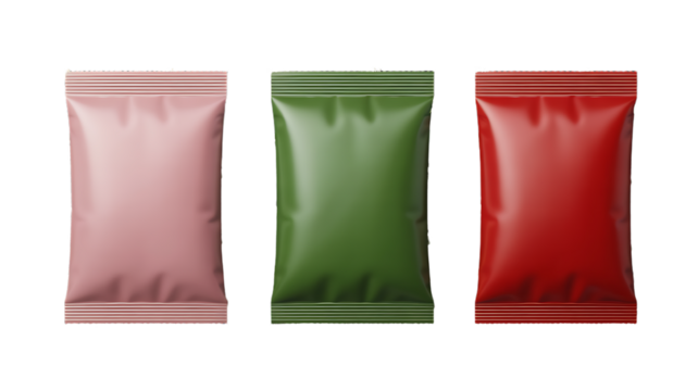 Three Foil Snack Pouches Pink Green and Red on Dark Background food packaging wrapper isolated on a transparent background
