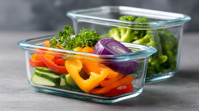 Fresh sliced vegetables including bell peppers, cucumber, red onion, and broccoli stored in clear glass containers on a gray surface