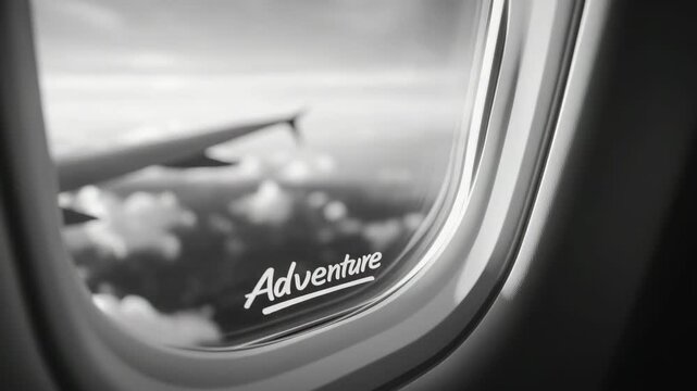 Airplane window view showing tag or sticker with the word &ldquo;Adventure&rdquo; as clouds pass below &mdash; concept of wanderlust, exploration, and freedom through travel photography. cinematic color correction,