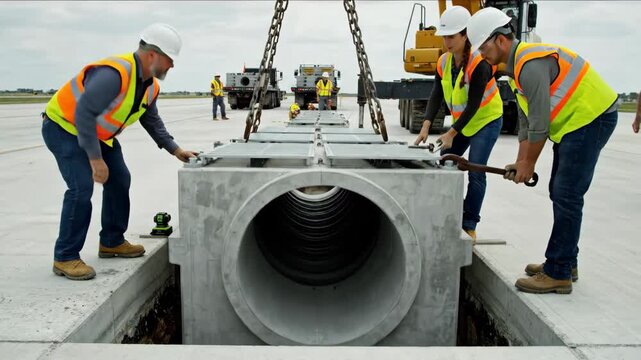 Construction workers installing drainage culvert, using crane and tools on a paved surface