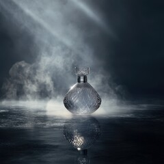 A heavy edged perfume bottle suspended above dark stone terrain, diamonds positioned close to its base. High contrast lighting fills the dusty cavern air. No visible writing anywhere.