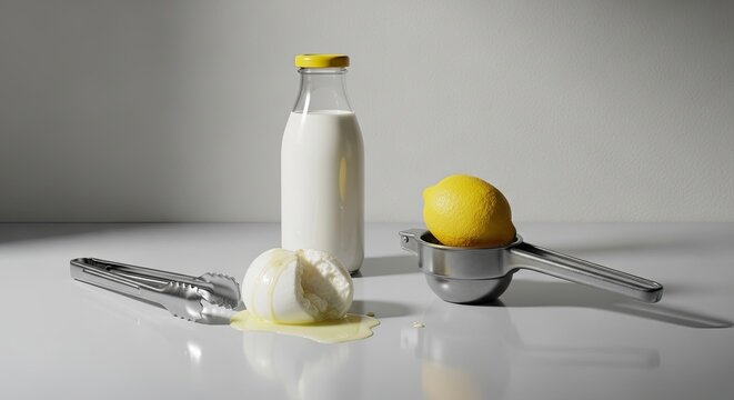 Artistic food composition showing the process of making homemade cheese with fresh milk, lemon, and kitchen utensils on a modern, reflective tabletop with dramatic side lighting