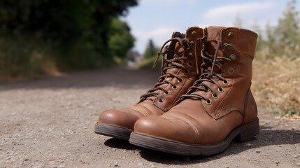 A pair of worn brown leather boots rests on a dusty outdoor path on a bright sunny day
