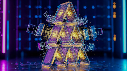 Futuristic house of cards made of transparent glass microchips with glowing gold circuits in a neon-lit server room, symbolizing fragile digital infrastructure and blockchain complexity.