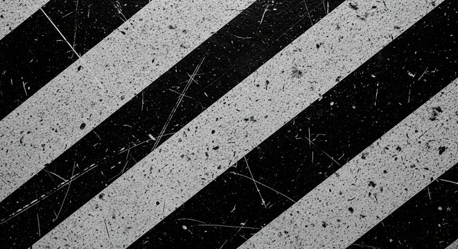 Gritty black and white diagonal hazard stripes on a scratched and weathered industrial surface, creating a bold, abstract grunge background with a distressed texture - Powered by Adobe