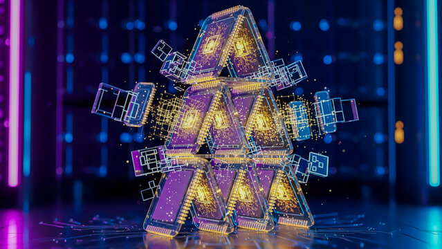 Futuristic house of cards made of transparent glass microchips with glowing gold circuits in a neon-lit server room, symbolizing fragile digital infrastructure and blockchain complexity.