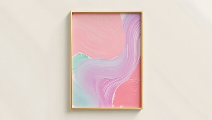 Framed abstract painting with pink, purple, and green swirls on a creamcolored wall, creating a modern and artistic aesthetic for home decor or gallery display