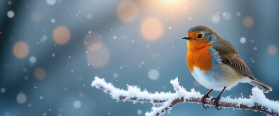 A robin bird perched on a snowy branch in winter. Festive christmas background with falling snow and golden bokeh lights. Wide panoramic banner with copy space
