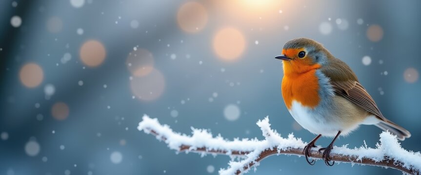 A robin bird perched on a snowy branch in winter. Festive christmas background with falling snow and golden bokeh lights. Wide panoramic banner with copy space - Powered by Adobe