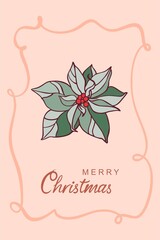 Happy New Year! Merry Christmas! A card made of isolated elements (illustrations) on the theme of the winter holidays in a vintage color scheme. With text. Digital illustration with outline.