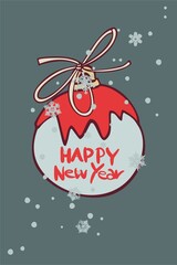 Happy New Year! Merry Christmas! A card made of isolated elements (illustrations) on the theme of the winter holidays in a vintage color scheme. With text. Digital illustration with outline.