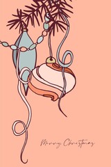 Happy New Year! Merry Christmas! A card made of isolated elements (illustrations) on the theme of the winter holidays in a vintage color scheme. With text. Digital illustration with outline.