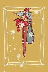 Happy New Year! Merry Christmas! A card made of isolated elements (illustrations) on the theme of the winter holidays in a vintage color scheme. With text. Digital illustration with outline.