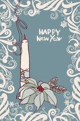 Happy New Year! Merry Christmas! A card made of isolated elements (illustrations) on the theme of the winter holidays in a vintage color scheme. With text. Digital illustration with outline.