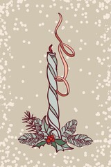 Happy New Year! Merry Christmas! A card made of isolated elements (illustrations) on the theme of the winter holidays in a vintage color scheme. With text. Digital illustration with outline.