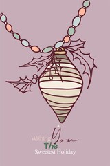 Happy New Year! Merry Christmas! A card made of isolated elements (illustrations) on the theme of the winter holidays in a vintage color scheme. With text. Digital illustration with outline.