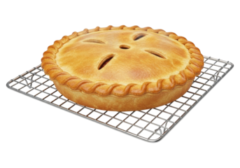 Golden brown, double-crust baked dessert rests on a cooling rack against a dark background.