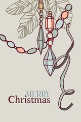 Happy New Year! Merry Christmas! A card made of isolated elements (illustrations) on the theme of the winter holidays in a vintage color scheme. With text. Digital illustration with outline.
