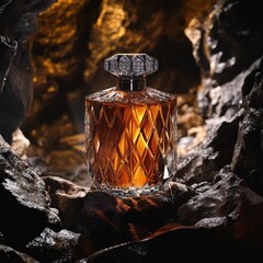 A majestic perfume bottle with carved lines and diamond details hovering above uneven mineral ground.