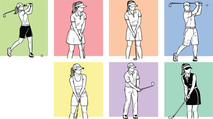 Golf players illustration with colorful backgrounds diverse poses and gender vector