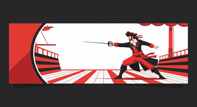 Stylized illustration of a swashbuckling pirate wielding a rapier on ship deck