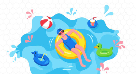 Fototapeta premium Woman floating on a yellow inflatable ring in a vibrant blue swimming pool illustration