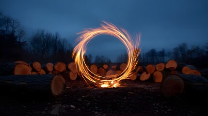A circular vortex of fire light trails glows around a small campfire with stacked logs in the background at twilight