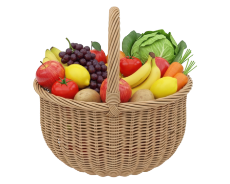 Woven container holds an abundant assortment of colorful fresh produce items