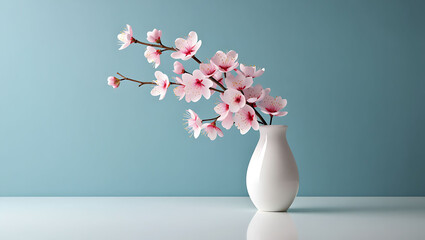 Pink cherry blossoms in a white vase against a serene blue background
