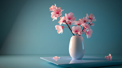 Pink cherry blossoms in a white vase against a serene blue background