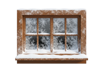 Weathered wooden window covered in thick frost and fresh snow during winter