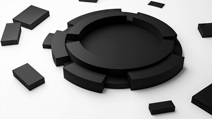 Abstract 3D rendering of black geometric shapes, including a circular structure composed of segmented arcs and scattered rectangular blocks, placed on a clean w