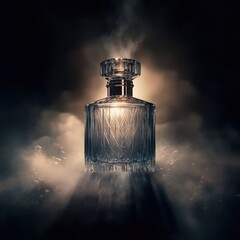 A strong and striking perfume bottle floats in mid-air, illuminated by a dim light that enhances its striking appearance.