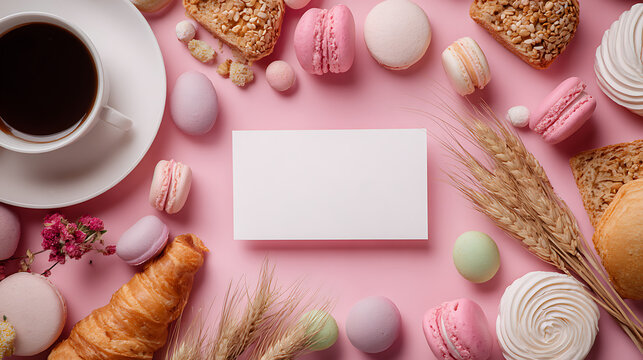 Assorted baked goods and coffee arranged on a pink surface macarons croissant