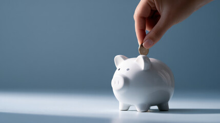 Hand inserting coin into white ceramic piggy bank on blue background symbolizing saving money and financial planning