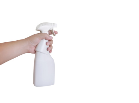 Man hand spray bottle. Studio shot. Copy space for advertising.PNG transparent.
